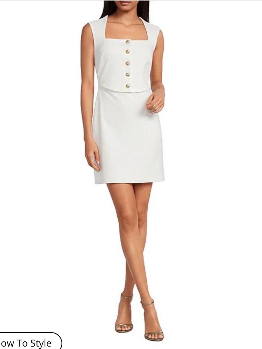 BCBG White Square-Neck Sleeveless Mini Dress with Gold Buttons